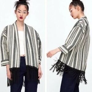 NWT Zara Ecru Fringe Striped Kimono Jacket, Size S